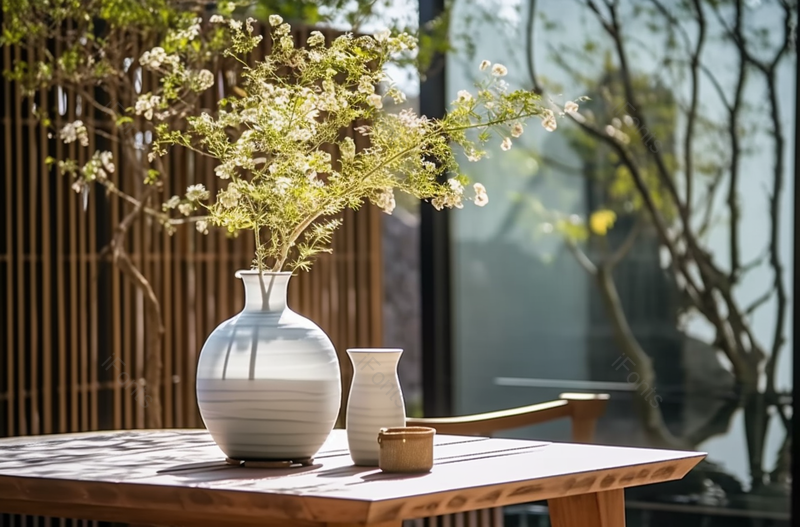 户外桌子上摆放着小盆景和茶具,高清,摄影图,摄影图片,图片大全,摄影图免费下载